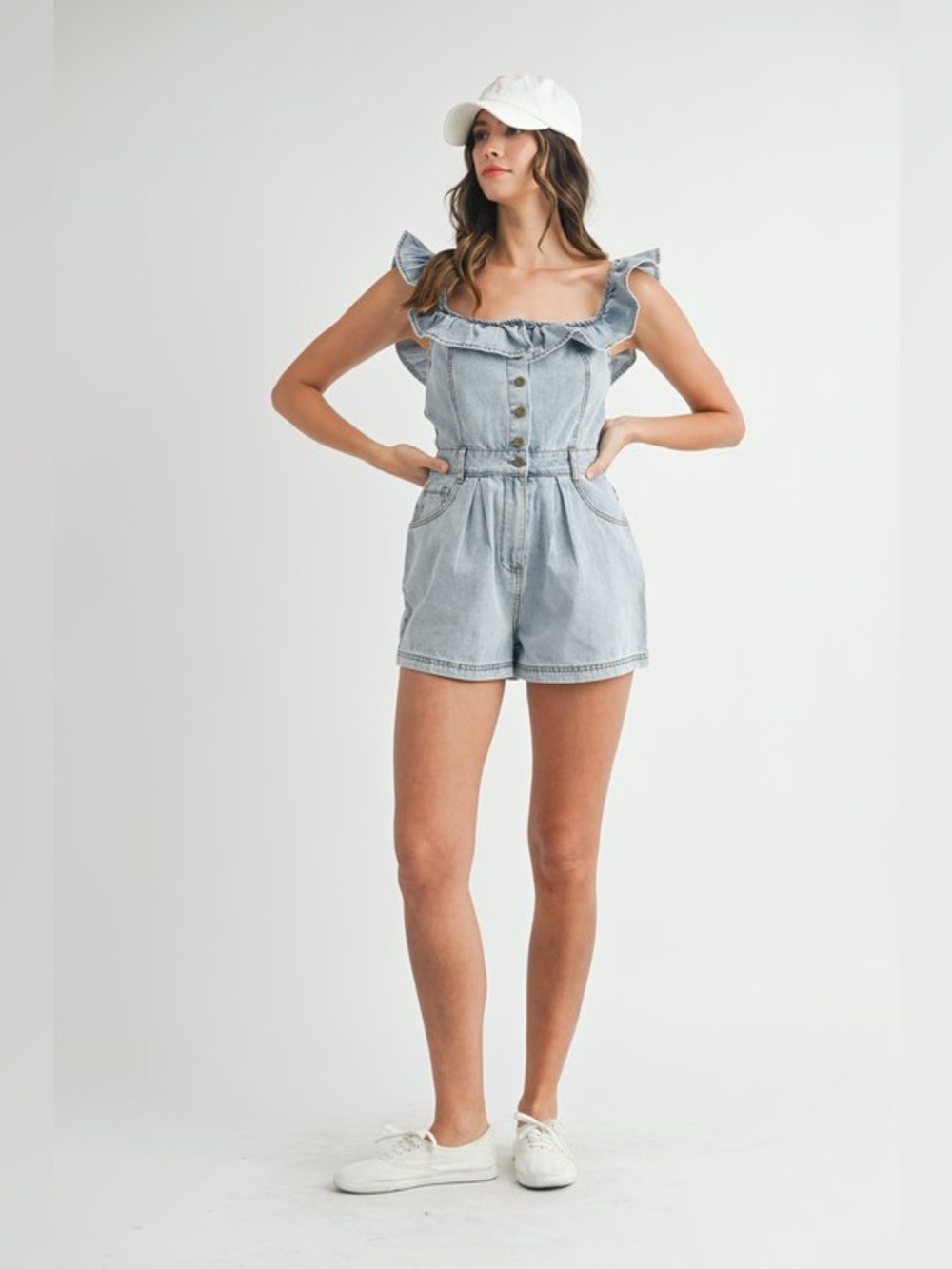 MABLE Off Shoulder Ruffle Detail Denim Romper - Picture 10 of 14